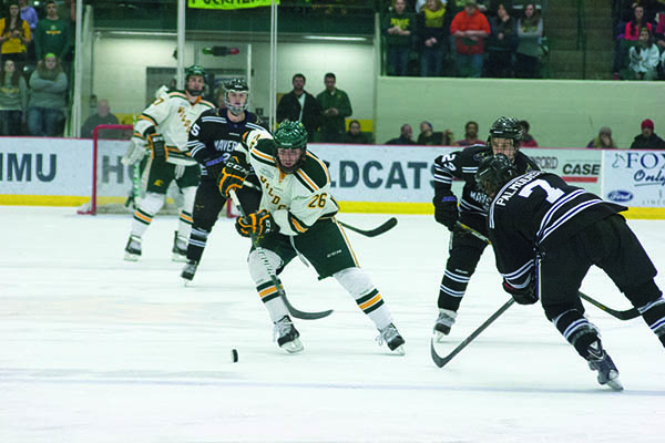 (Anthony Viola/NW)
Senior forward Erik Higby (26) scored the Wildcat’s only goal in the 5-1 loss to Minnesota State-Mankato Saturday, Feb. 1 at the Berry Events Center. Higby scored on a penalty shot at 18:23 in the second period. Redshirt freshman goaltender Mathias Dahlstrom (30) recorded the loss with 25 saves on 30 shots. Up next, the ’Cats travel to WCHA rival, No. 1 Ferris State University.