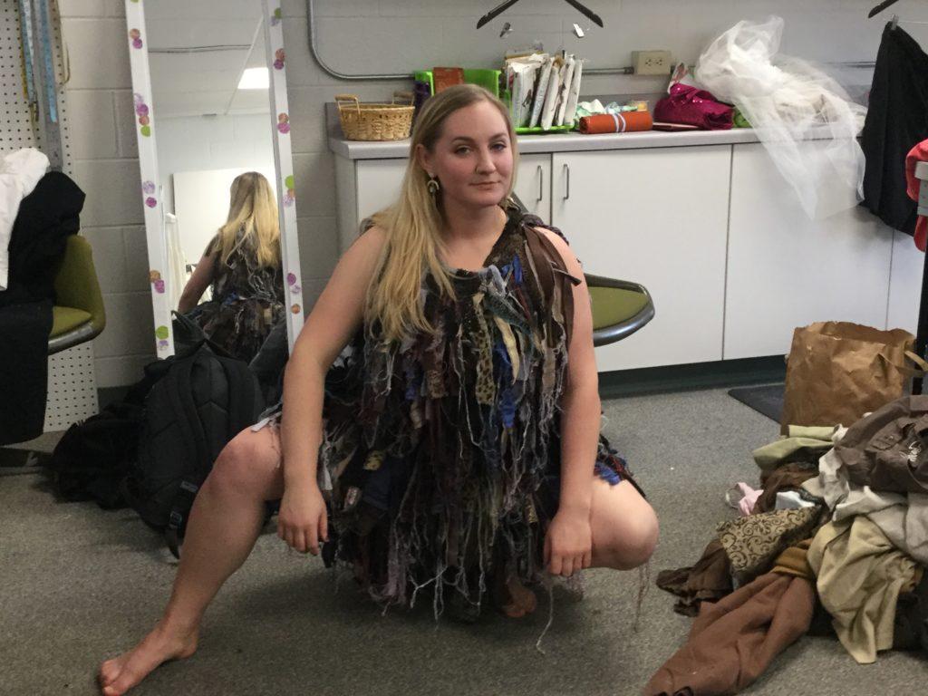 Community member Riley Fields wears the gorilla costume that she will sport in the upcoming Forest Roberts Theatre musical “Tarzan.” All the costumes for the production have been made from recycled materials.
Photo by: Jackie Jahfetson