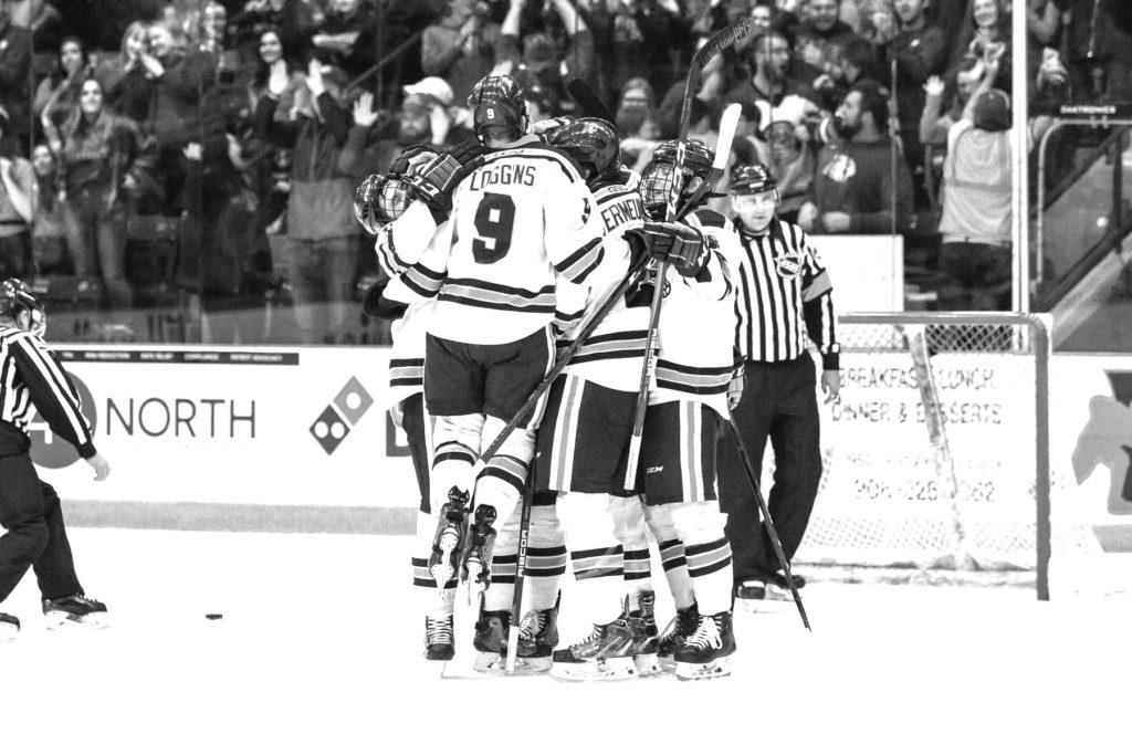 Members of the NMU Men’s Hockey team celebrate a goal from earlier in the season.
Photo courtesy of NMU Athletics