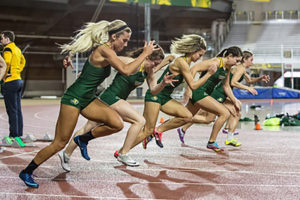 During a previous home meet, members of the Wildcat track team bolt from the starting line in a competitive race.