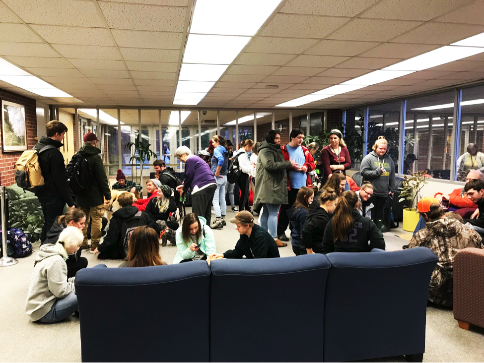 PUPPY THERAPY—Students gather in the Lydia M. Olson Library during exam week for the Puppy Love event put on by SPA, however, the dogs were outnumbered by the stress college students. 
Photo courtesy of Analise Osgood