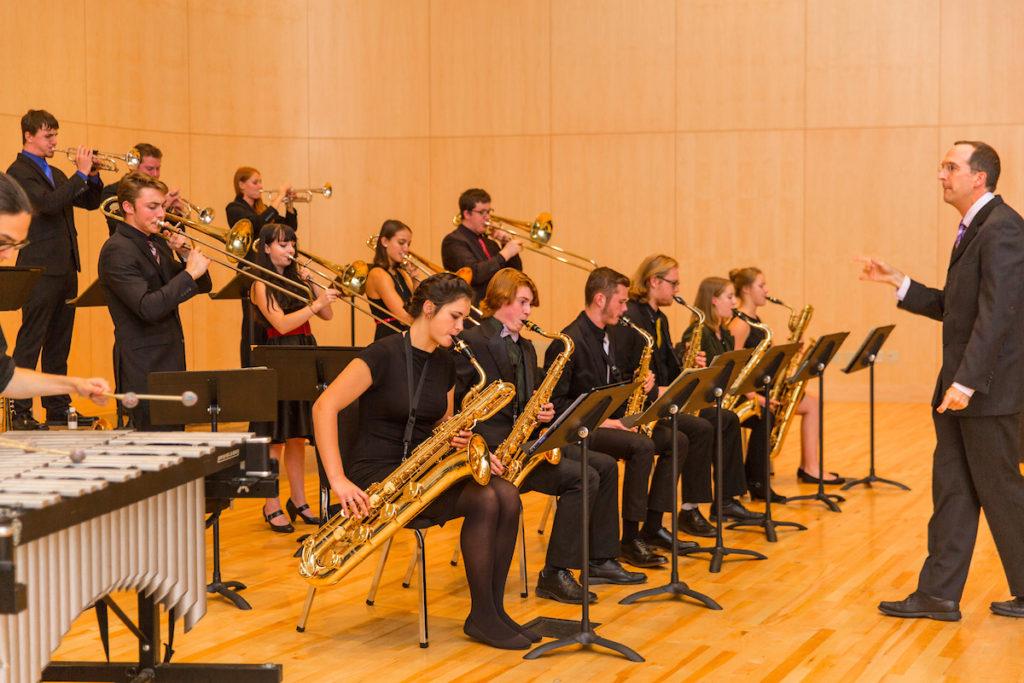 ONE, TWO, THREE—The Jazz Band prepares for its second concert of the semester with director Mark Flaherty. 
Photo courtesy of NMU Communications and Marketing 