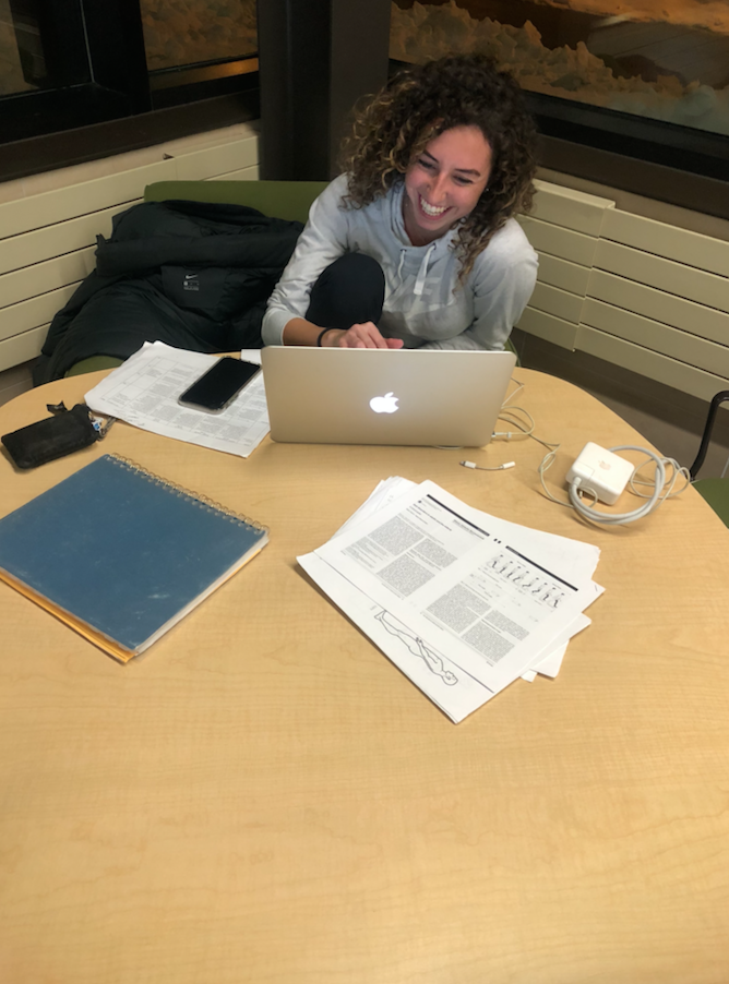 LATE NIGHT—Senior sports science major Kaity Benson studies for final exams in Jamrich, taking advantage of the 24-hour open study lounge.
Denali Drake/NW