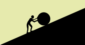 Man pushes a boulder up a slope