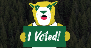 Graphic of NMU mascot Wildcat Willy holding a sign that says: I voted!