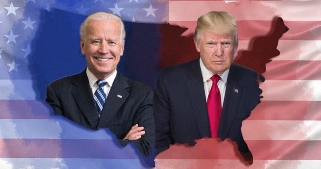 Graphic of Joe Biden and Donald Trump inside the shape of America