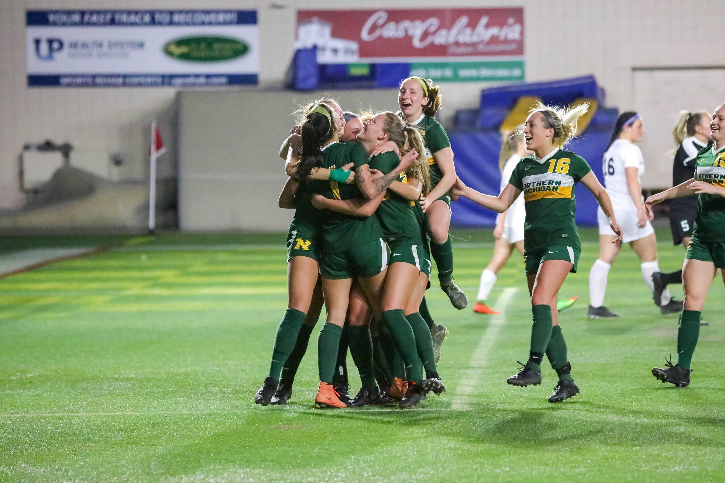 NEARING THE END—The NMU Women's Soccer team celebrates a goal at home in a game earlier this season. The Wildcats look to close out the regular season with a pair of conference home games against Purdue Northwest and Wisconsin-Parkside. Photo courtesy of NMU Athletics.