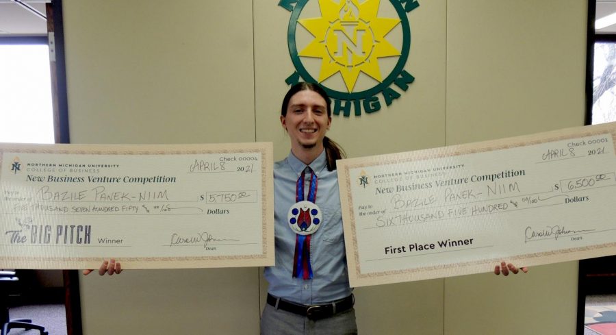 STARTING YOUNG - Bazile Panek wins the written business plan and business plan presentation sections for NMU’s New Business Venture competition with his business Niim. Niim creates socks with traditional designs by Indigenous artists that combine Western and Indigenous professionalism. 