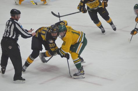 RIVALS GOING AT IT—NMU forward Joseph Nardi fights for the faceoff with Michigan Techs Arvid Caderoth during Saturday nights game. The Wildcats lost 5-2, but earned the series split with a win on Friday. Travis Nelson/NW.