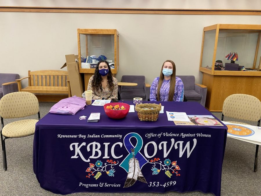 Carisa LaFernier and Ginger Shelifoe from the Keweenaw Bay Indian Community answer questions about victim services or about domestic violence awareness in the Indigenous community. Other resources at the Domestic Violence Awareness and Wellness Workshop included a storytelling workshop and yoga.