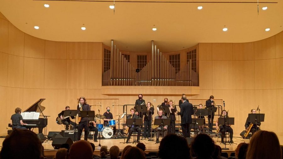 Members of the NMU Jazz Combo, including Owen Edwards soloing on alto saxophone, perform during an NMU jazz concert. A group of five students will perform in the library on Tuesday to provide more relaxing studying music for students. 