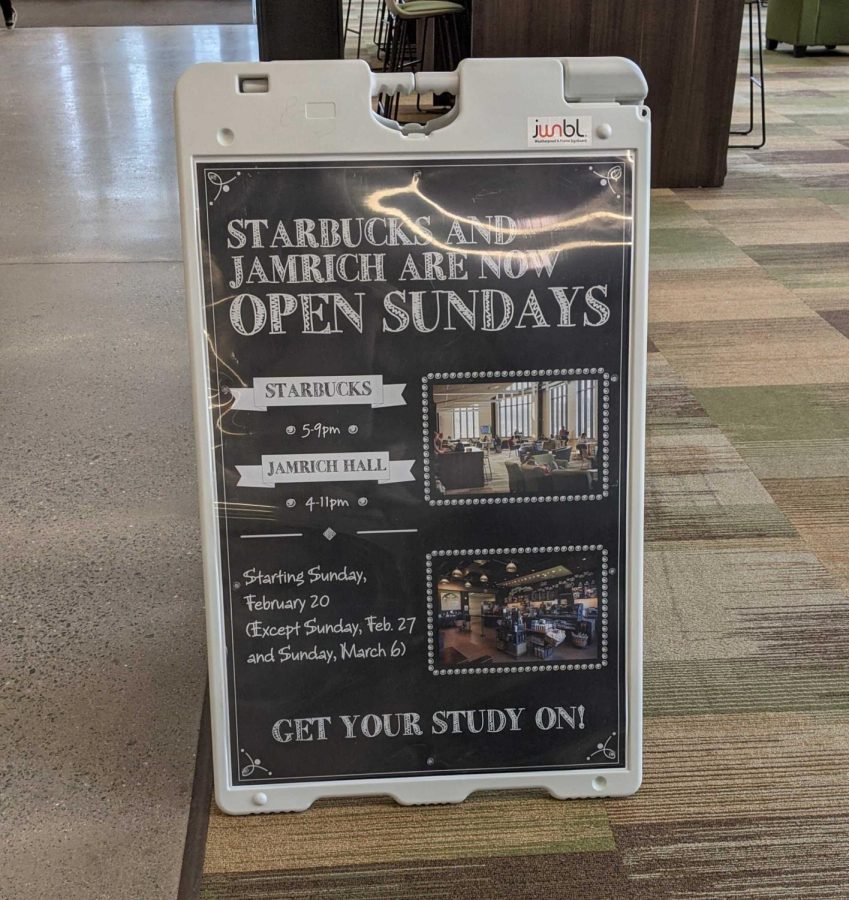 STUDY ON—Jamrich and Starbucks extends hours to open on Sunday for those looking to use the space.