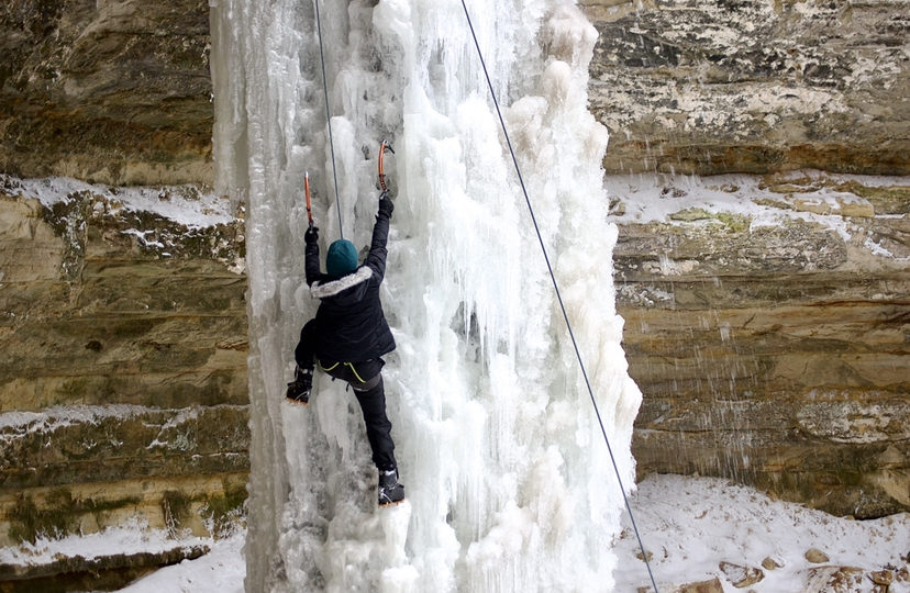 CLIMBING ON UP—There plenty of opportunities to climb and be in the outdoors in the U.P., and none might be better than the opportunity to ice climb with this introduction class. Photo courtesy of Hannah Smith.