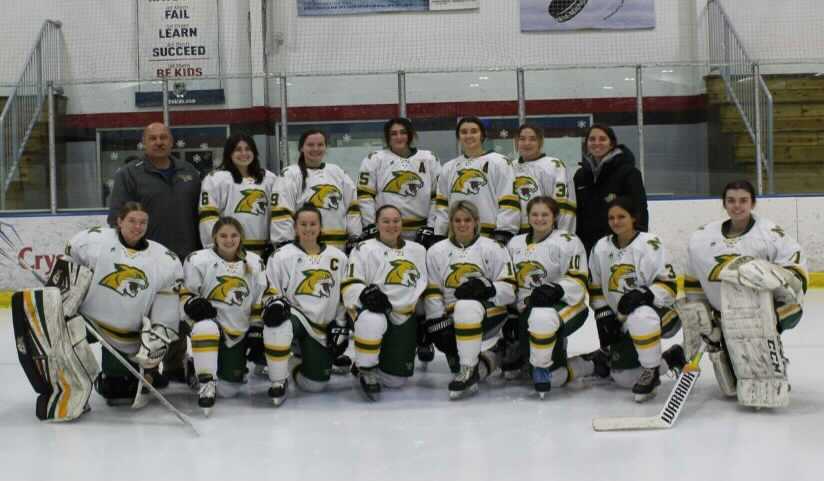 GOING FOR IT ALL—The NMU Womens Hockey team poses for a team photo. The team travels to St. Louis this week to battle for the national title at the ACHA National Tournament. Photo courtesy of Isabella Oldani. 