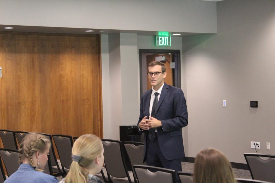 NEW CHAPTER - Brock Tessman talks with students during his visit to campus on Sept. 20. Tessman was recently hired as NMUs 17th president and starts his term on Feb. 1.