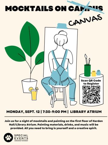 PAINT TO CREATE — Students are ready to get creative on canvases. Mocktails on Canvas will be held from 7:30-9:00 p.m. at the Lydia M. Olson Library atrium.