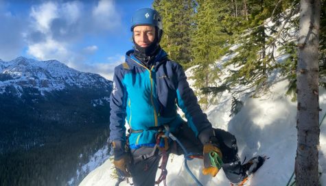 ICE CLIMBING - Rodriguez enjoys the view during a winter climb. Rodriguez is a PR Major in his last semester at Northern, and is currently president of South Superior Climbing Club.