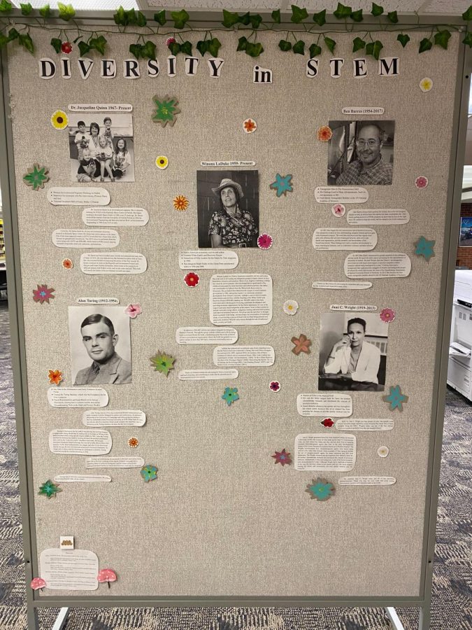 CELEBRATING HUMAN DIVERSITY -   Photographs displayed in the Lydia M. Olson Library celebrate diversity in STEM. Photographs included Dr. Jacqueline Quinn, a female environmental engineer (top left), Alan Turing, a gay man in the field of mathematics and computer science (bottom left), Winona LaDuke, a Native American economist (middle), Ben Barres, a transgender man in neuroscience (top right) and Jane C. Wright, a woman of color in medicine (bottom right).   