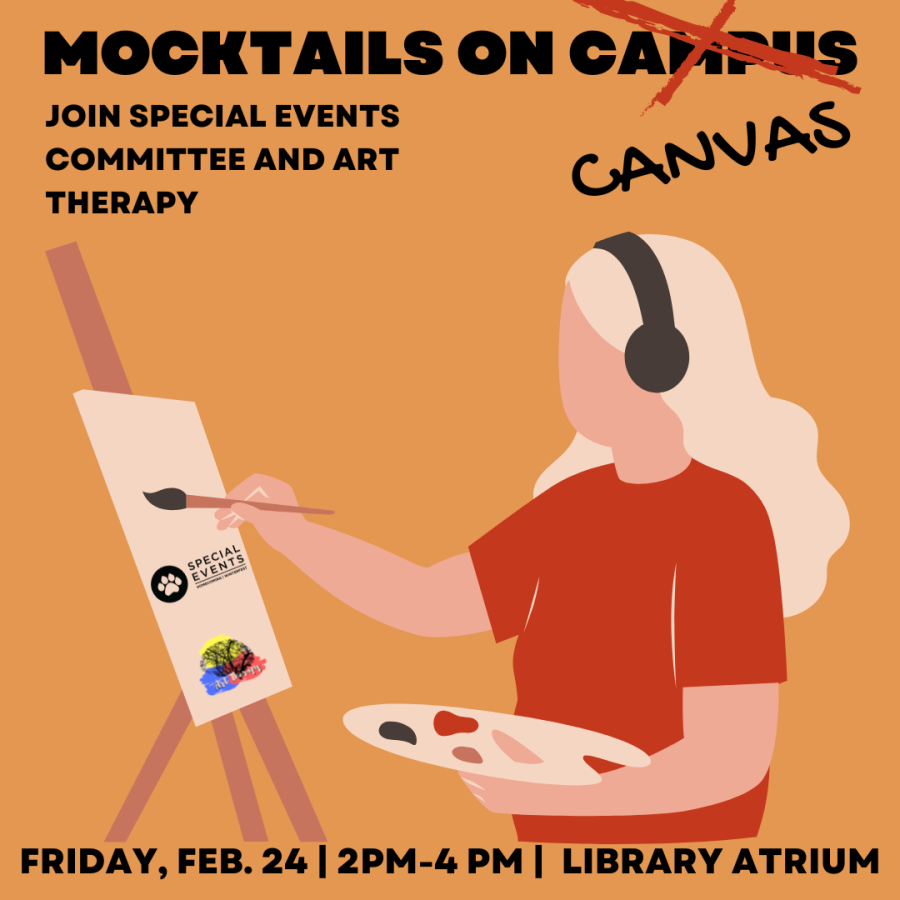 PAINT THE STRESS AWAY — Students can destress with painting, refreshments and music at Mocktails on Canvas this Friday, Feb. 24 from 2-4 p.m. in the Lydia M. Olson Library atrium. Students only need to bring themselves and their creative spirit.