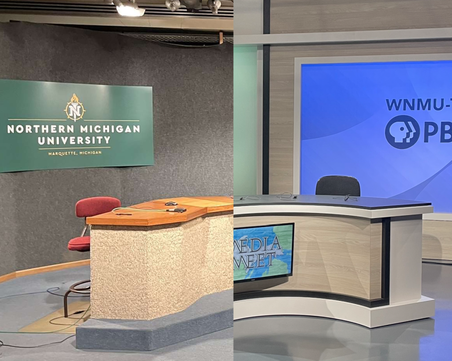 BEFORE AND AFTER — The left half of this image is the old Public Eye News (PEN) studio, while the right half is the new and improved studio at WNMU-TV.