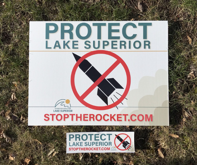 STOP THE ROCKET — Yard signs and stickers in protest of the proposed Granot Loma rocket launch site were created by Citizens for a Safe & Clean Lake Superior, an organization that works to protect the ecosystems and shorelines surrounding Lake Superior.