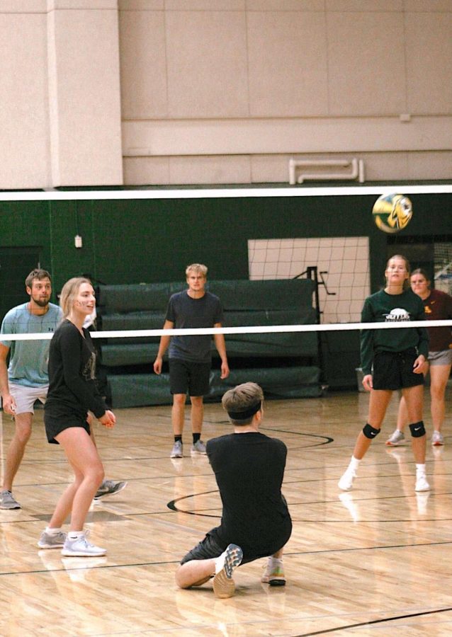 GET LOW — An intramural volleyball player bends down low to set up his teammate for a spike. 