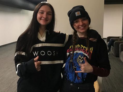 LIVE AT THE X - Sophia Gielniak (right) and Lauren Lahtinen (left) excited for the Rap Showcase. The showcase will be on Friday, April 7, at 7 p.m. in the Black Box Theatre in McClintock.