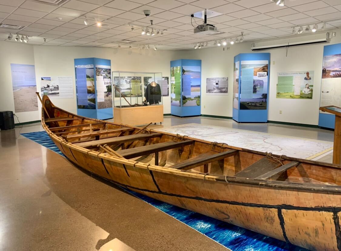 CLAIMING MICHIGAN — The canoe showcased at the exhibit, Claiming Michigan: The 1820 Expedition of Lewis Cass, which is now on display at the The Beaumier Heritage Center until January. 