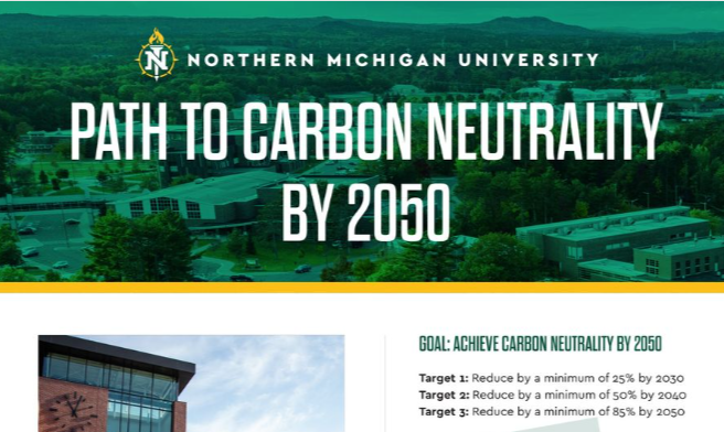 CLIMATE ACTION — Northern outlines its strategy to reduce carbon emissions. Northern plans to reach carbon neutrality by 2050, with various ideas outlined to reach that goal. Photo Courtesy of Northern Michigan University. 