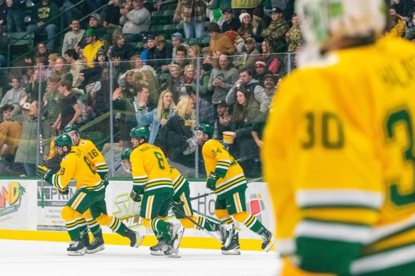 WILDCAT GOAL — Goaltender Benni Halasz watches from his post as the team celebrates a goal. Halasz was named CCHA Goaltender of the week after the Cats swept Augustana at home last weekend. 