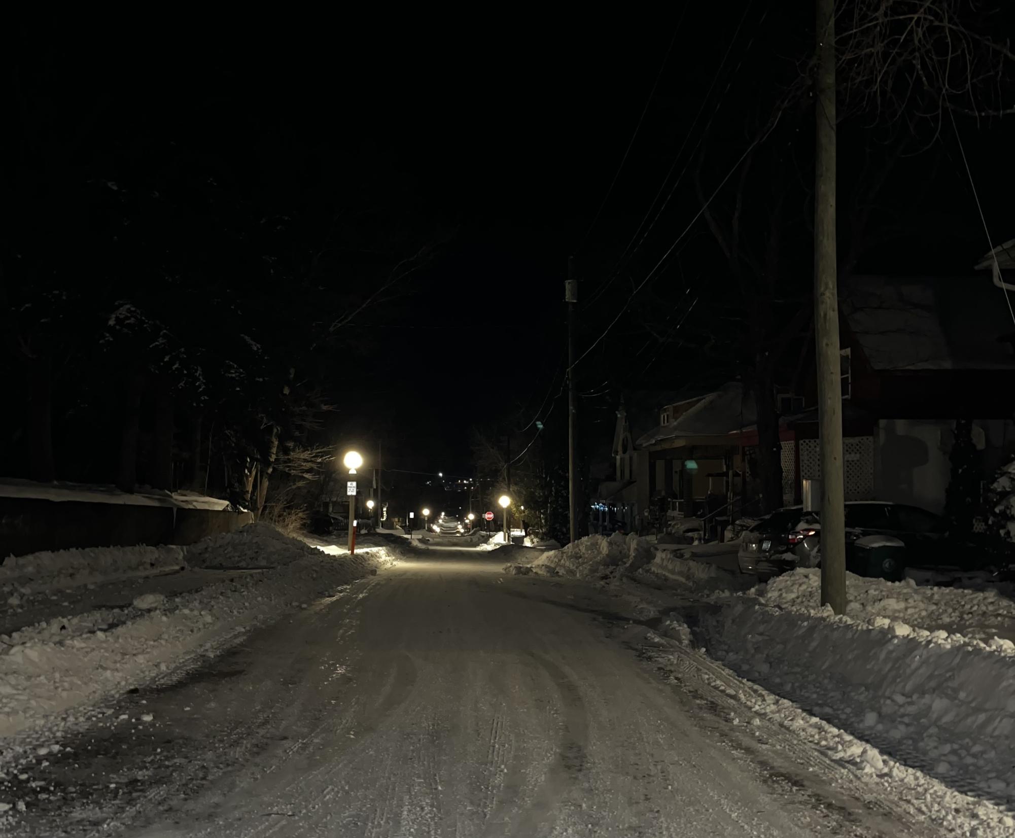 SNOWBANK CITY — My morning walk to campus. Obstacles include darkness that only yields to the occasional street lamp and snowbanks piled higher than my kees. 