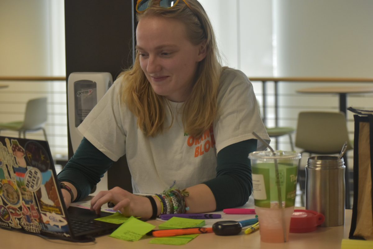 ALL SET UP — Junior Ali Myers has her study materials spread out on a table on the second floor of Jamrich Hall. This is just one of the many study spots NMU students have been using since the start of the library renovations.