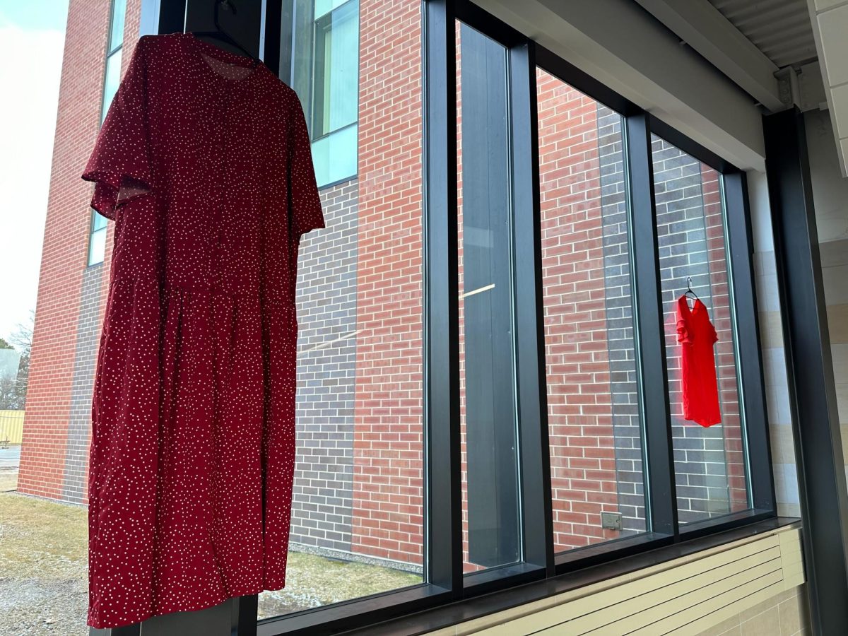 RED DRESS — Red dresses, like these ones in the first-floor lounges of Jamrich Hall, have been displayed all throughout campus. The hanging gowns provide a physical representation of the absence of Indigenous persons.