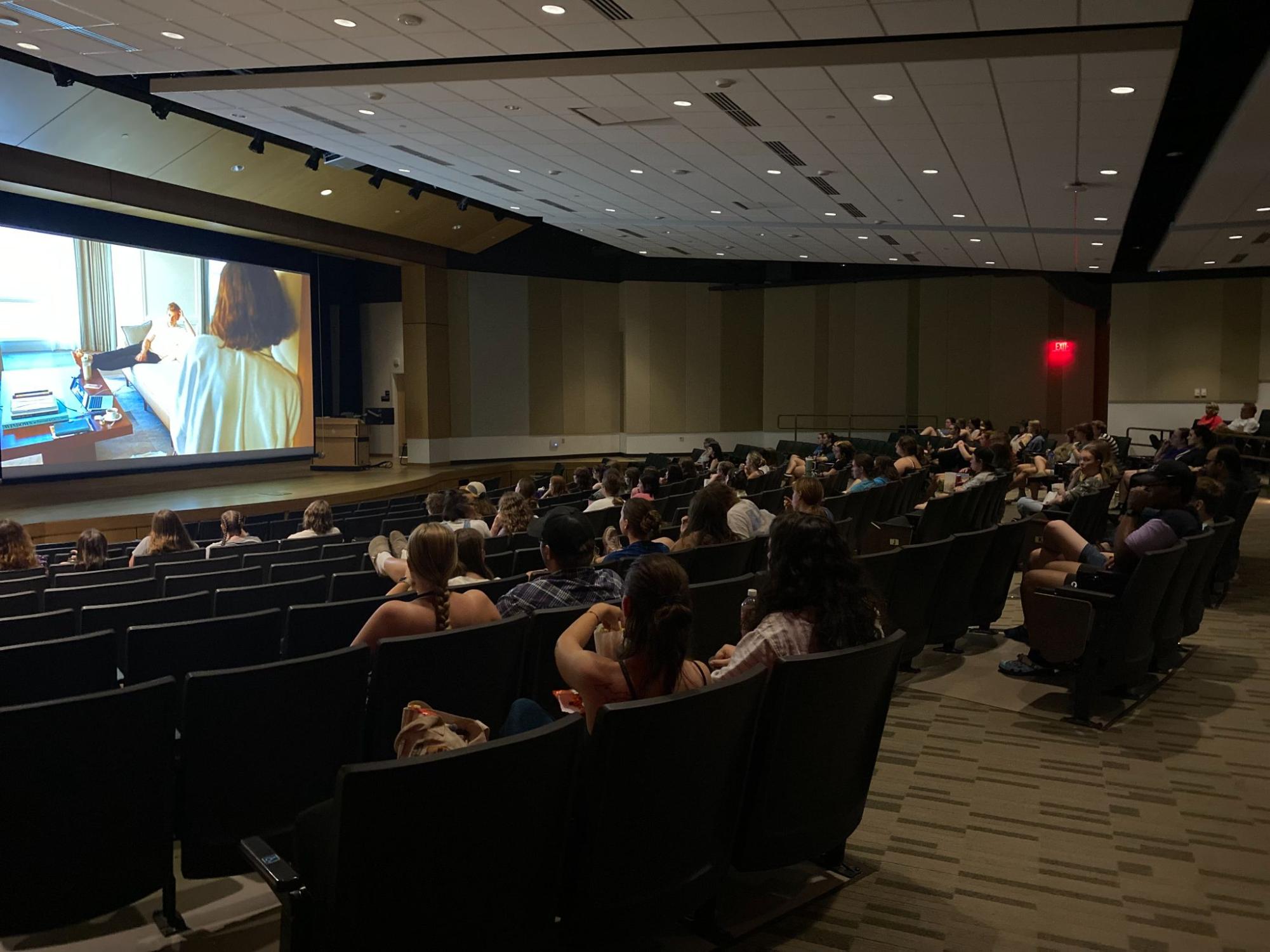 HUDDLED UP — Students gather together in a Jamrich lecture hall to watch "Challengers" together. This event was hosted by Campus Cinema, which will show more films throughout the year.