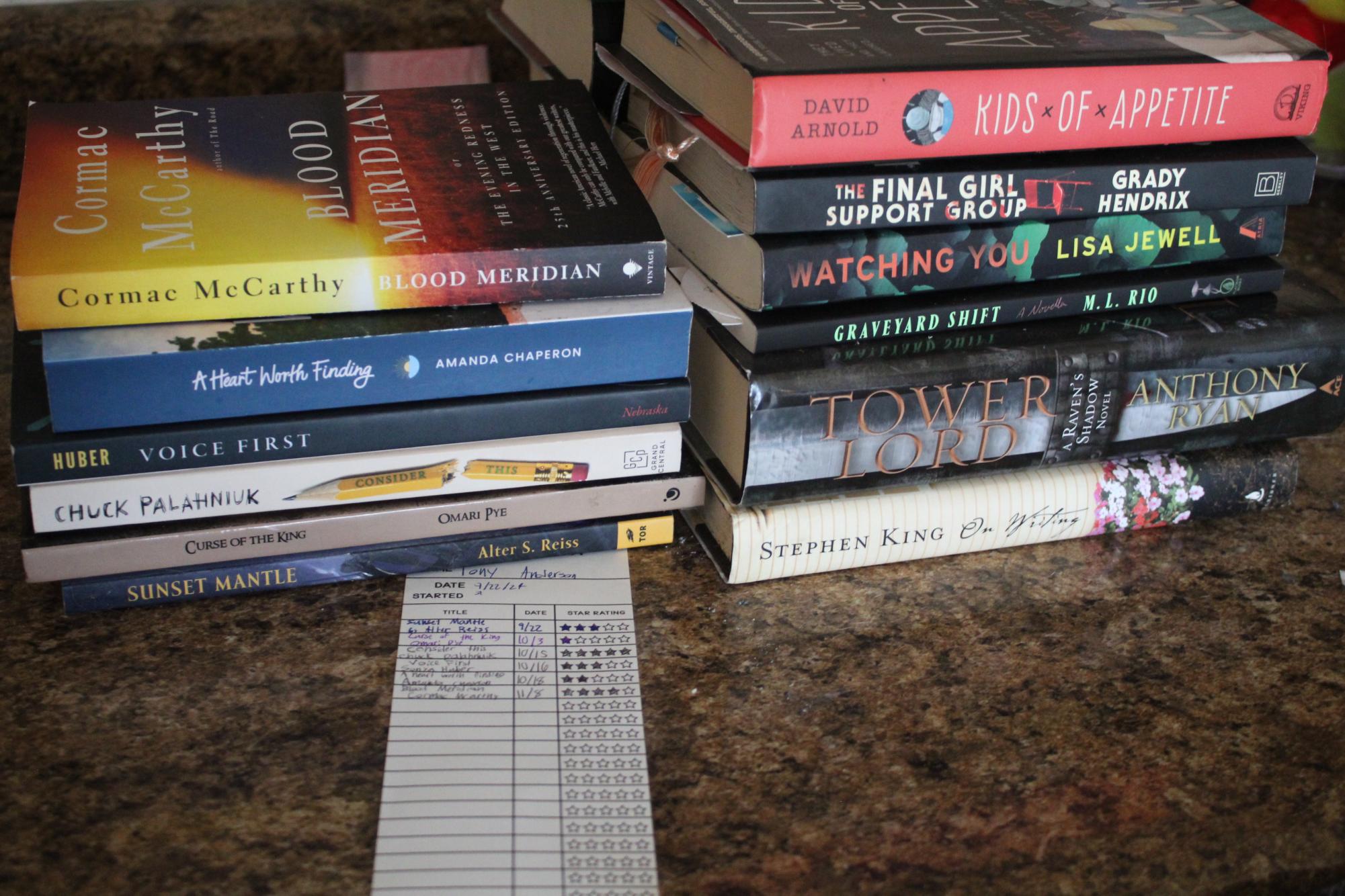 A pile of finished books, and a 'to read' pile. A few were inspired from social media, mystery book dates and a desire to take advice from writing experts. 