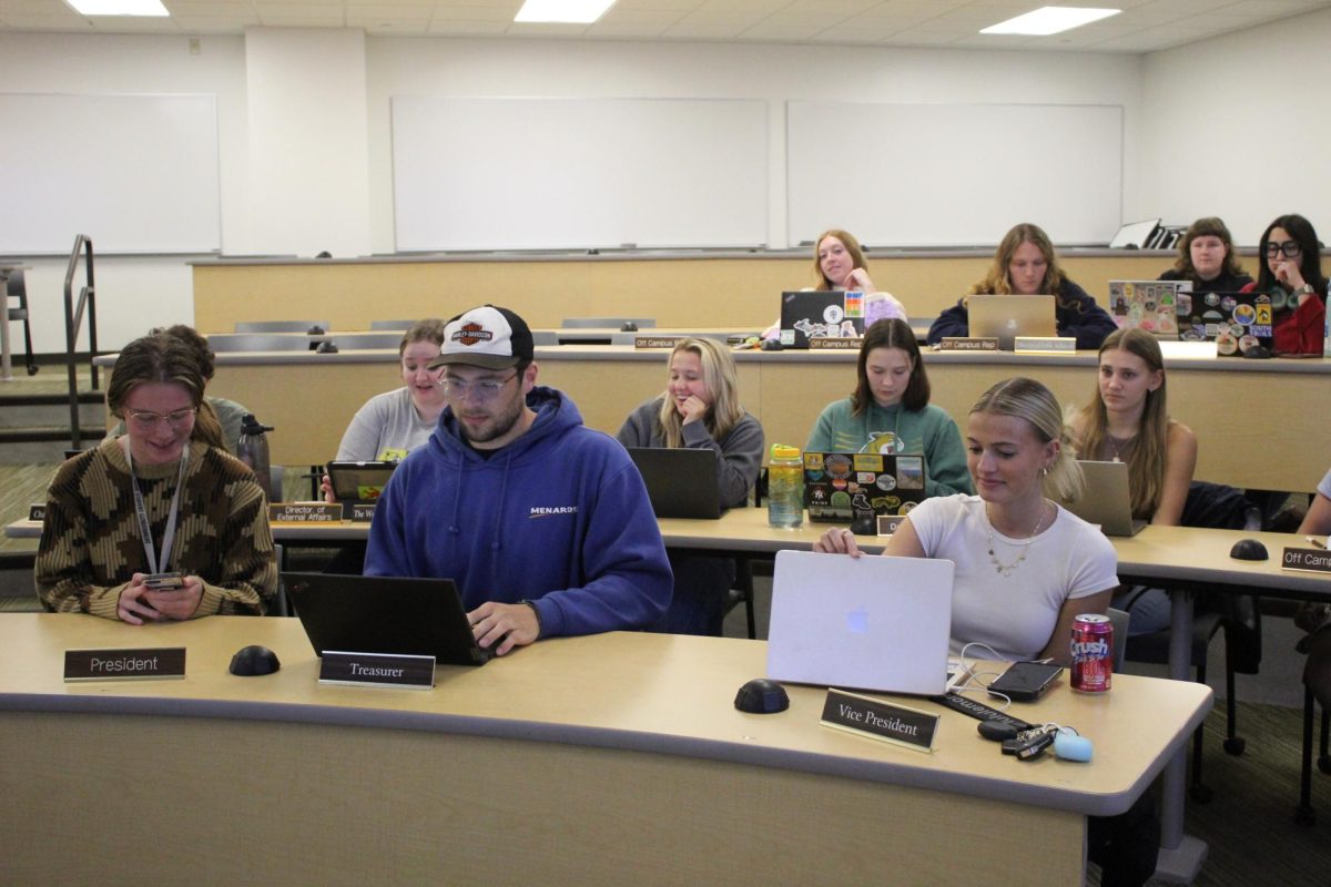 From left to right: Cassidy Gibson, ASNMU President; Tommy Roush, ASNMU Treasurer; and ASNMU Vice-President Seanna Stine at their meeting Tuesday. 
